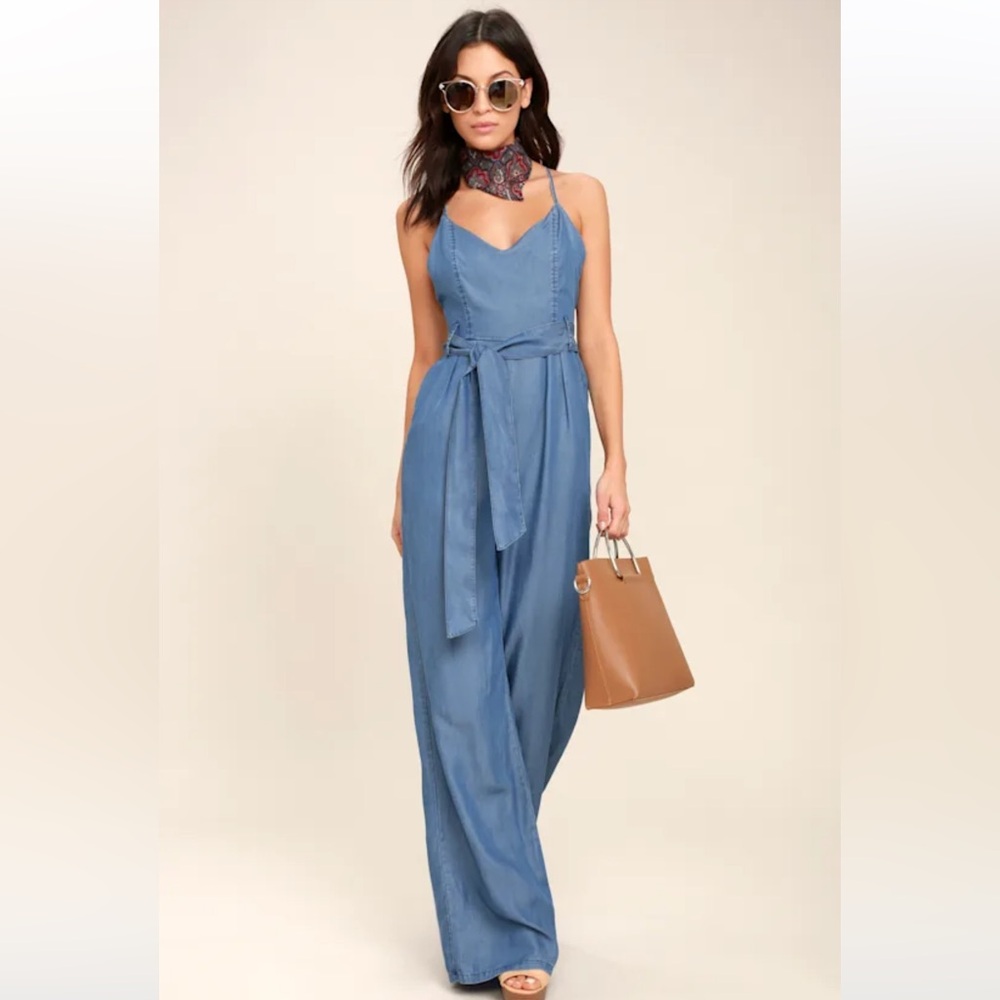 Lulu's Slate Blue Wide-Leg Jumpsuit - Large